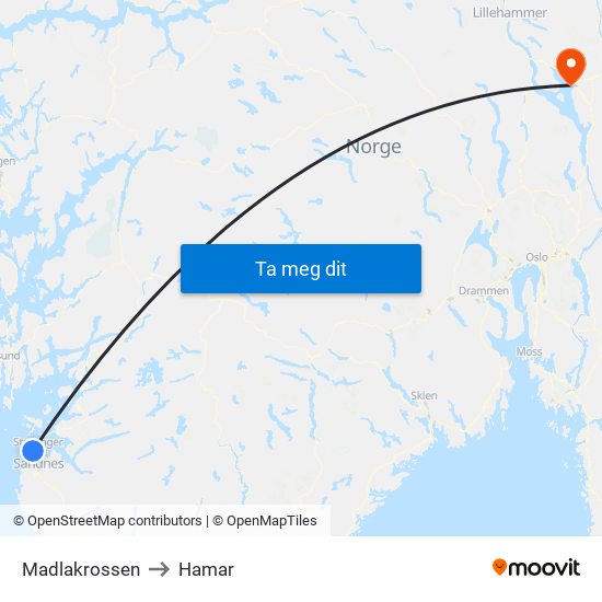 Madlakrossen to Hamar map