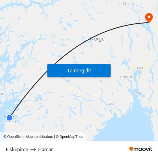 Fiskepiren to Hamar map