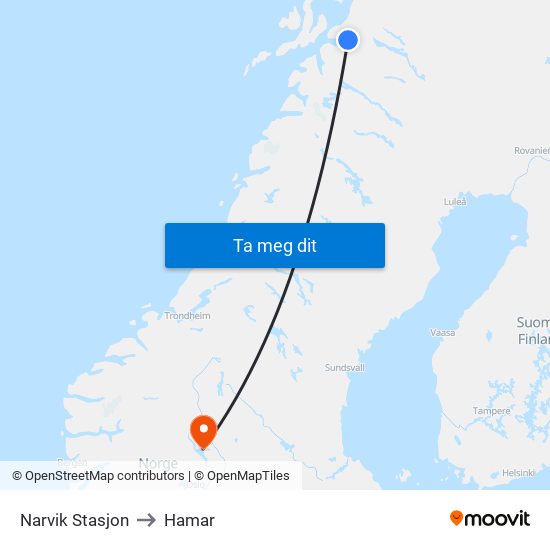 Narvik Stasjon to Hamar map