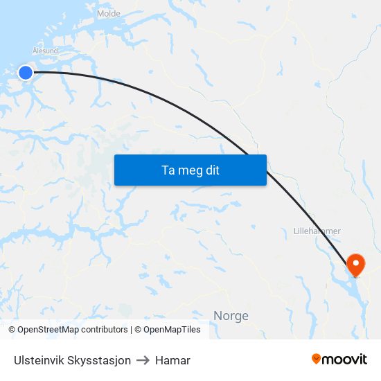 Ulsteinvik Skysstasjon to Hamar map