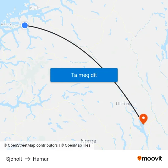 Sjøholt to Hamar map