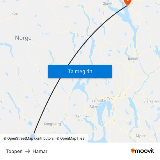 Toppen to Hamar map