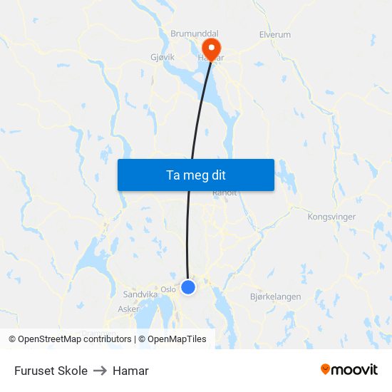 Furuset Skole to Hamar map