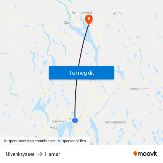 Ulvenkrysset to Hamar map