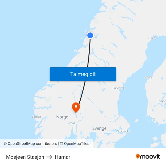 Mosjøen Stasjon to Hamar map