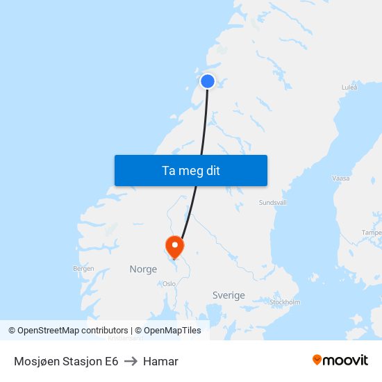 Mosjøen Stasjon E6 to Hamar map