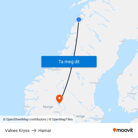 Valnes Kryss to Hamar map