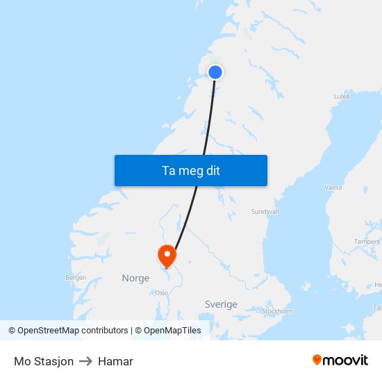 Mo Stasjon to Hamar map