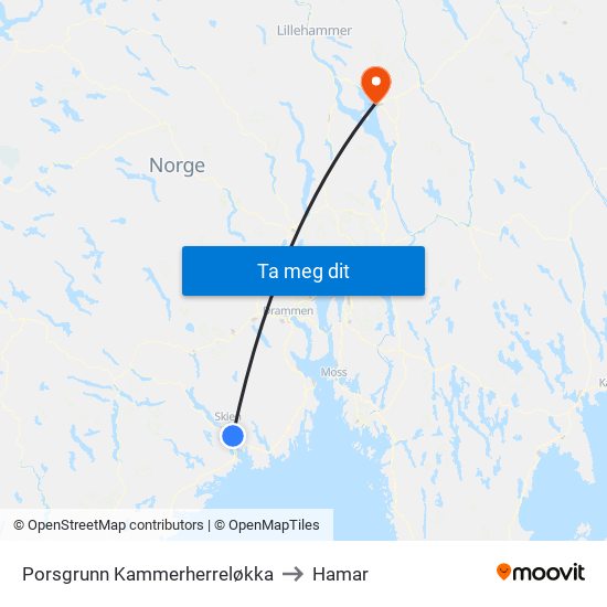 Porsgrunn Kammerherreløkka to Hamar map
