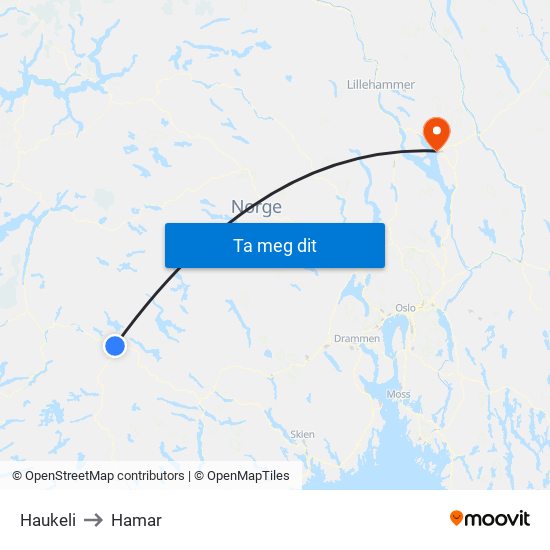 Haukeli to Hamar map