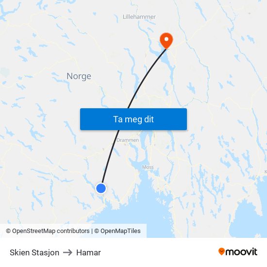 Skien Stasjon to Hamar map