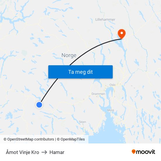 Åmot Vinje Kro to Hamar map