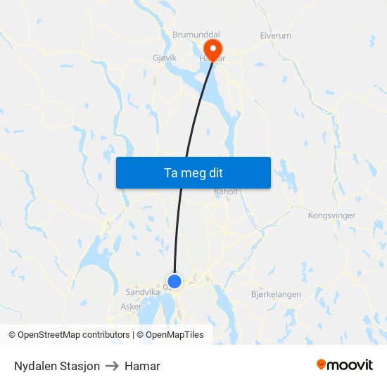 Nydalen Stasjon to Hamar map