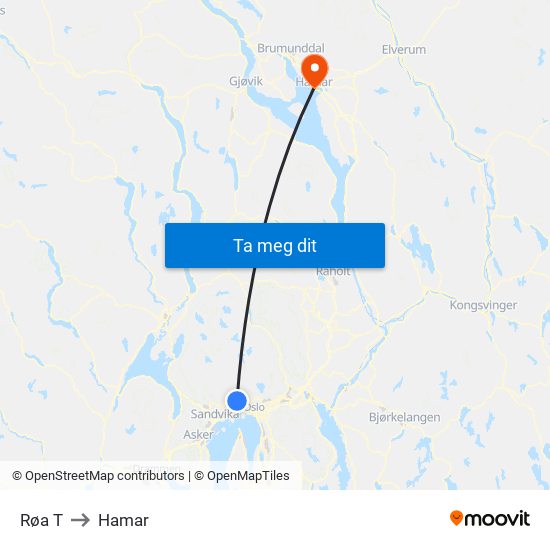 Røa T to Hamar map