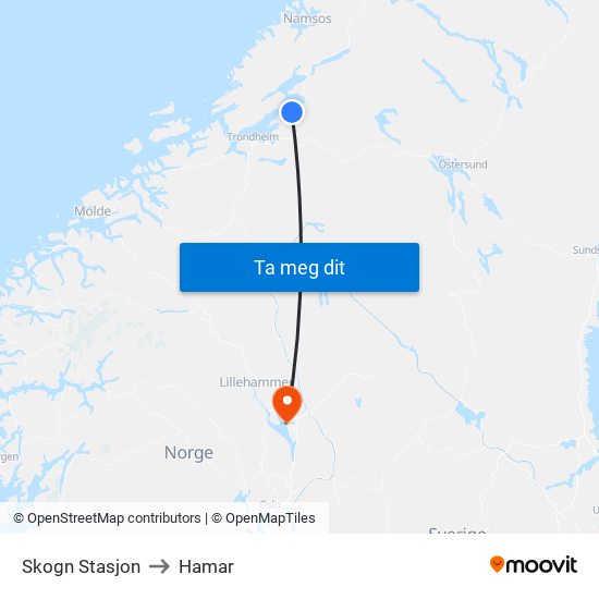Skogn Stasjon to Hamar map