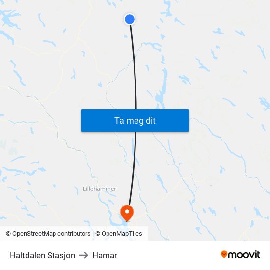 Haltdalen Stasjon to Hamar map