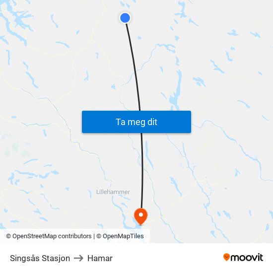 Singsås Stasjon to Hamar map