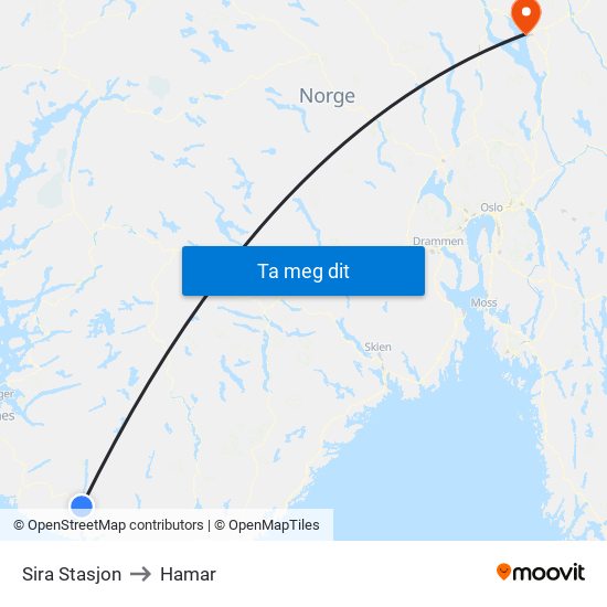 Sira Stasjon to Hamar map