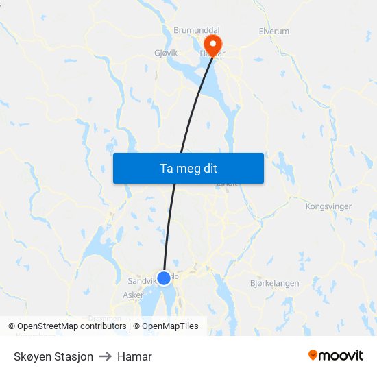 Skøyen Stasjon to Hamar map