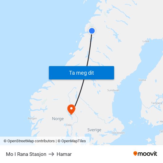 Mo I Rana Stasjon to Hamar map