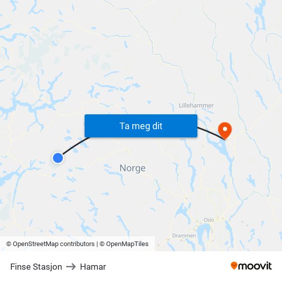 Finse Stasjon to Hamar map