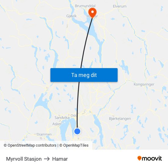 Myrvoll Stasjon to Hamar map