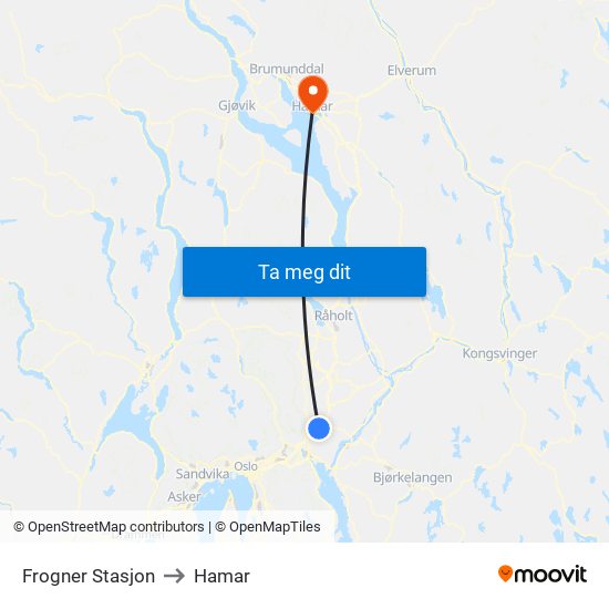 Frogner Stasjon to Hamar map