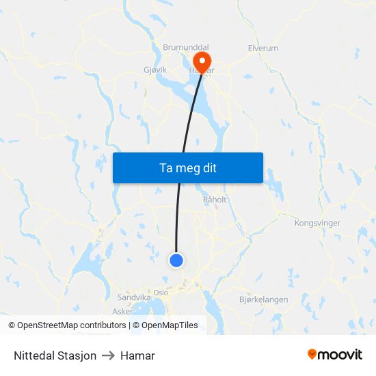 Nittedal Stasjon to Hamar map