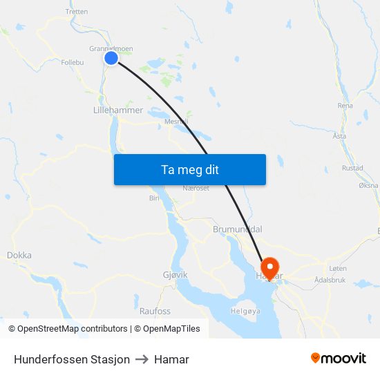 Hunderfossen Stasjon to Hamar map
