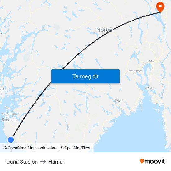 Ogna Stasjon to Hamar map