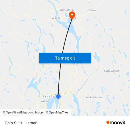 Oslo S to Hamar map