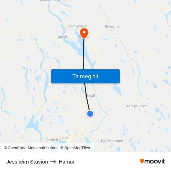 Jessheim Stasjon to Hamar map