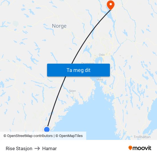 Rise Stasjon to Hamar map