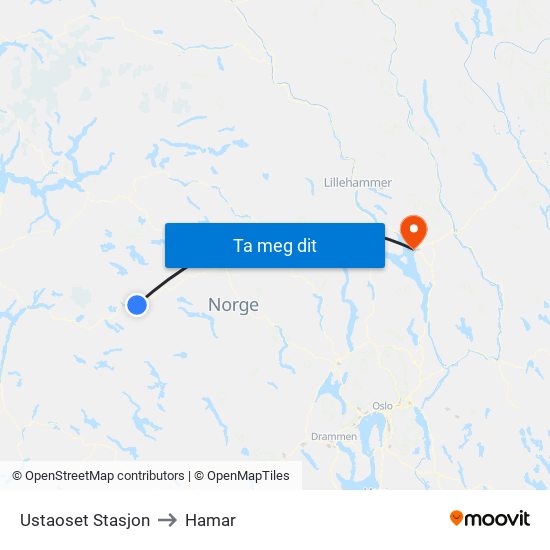 Ustaoset Stasjon to Hamar map