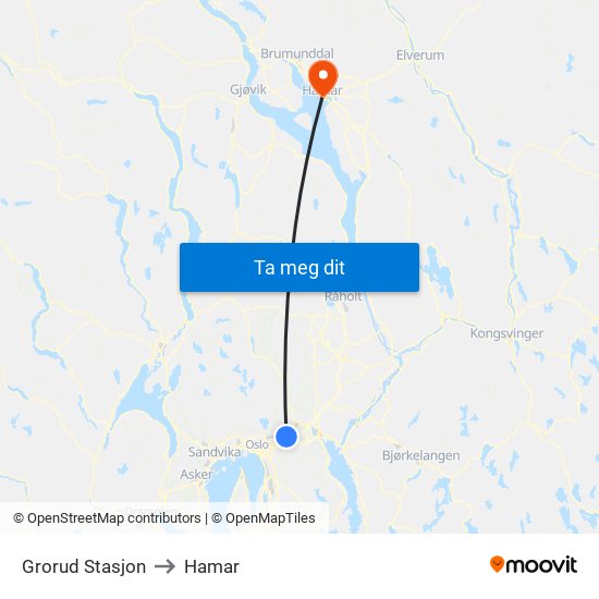 Grorud Stasjon to Hamar map