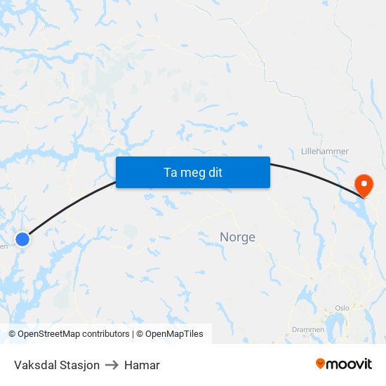 Vaksdal Stasjon to Hamar map