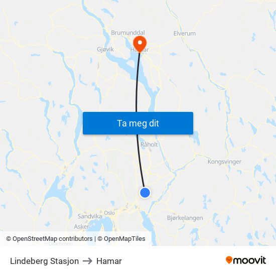 Lindeberg Stasjon to Hamar map