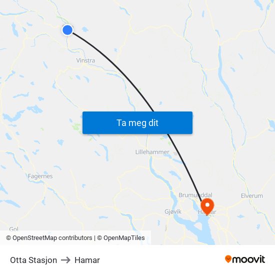 Otta Stasjon to Hamar map