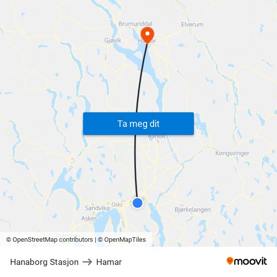 Hanaborg Stasjon to Hamar map