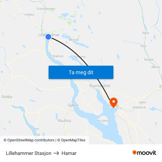 Lillehammer Stasjon to Hamar map