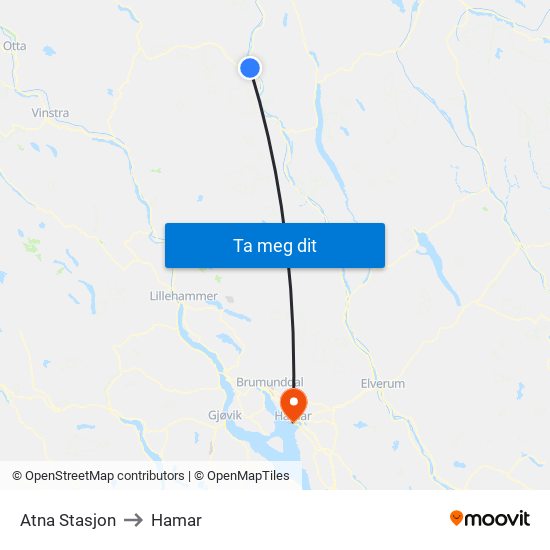 Atna Stasjon to Hamar map