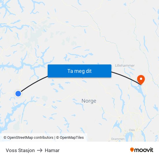 Voss Stasjon to Hamar map