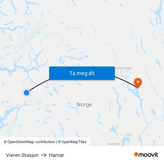 Vieren Stasjon to Hamar map
