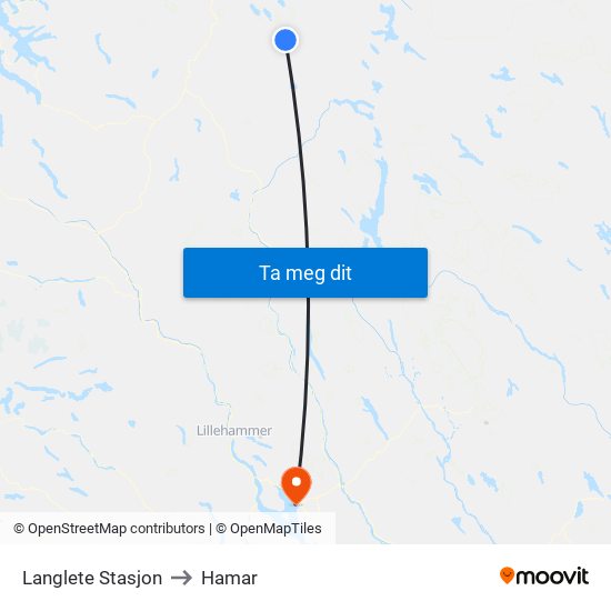 Langlete Stasjon to Hamar map