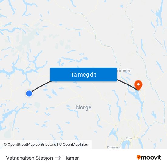 Vatnahalsen Stasjon to Hamar map