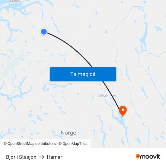 Bjorli Stasjon to Hamar map