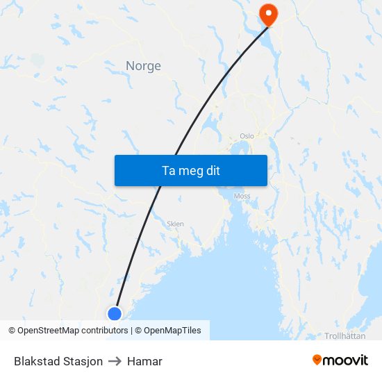 Blakstad Stasjon to Hamar map