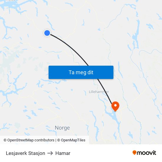 Lesjaverk Stasjon to Hamar map