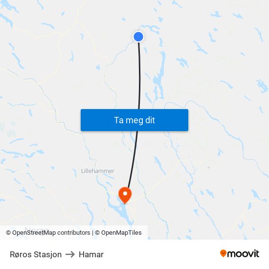 Røros Stasjon to Hamar map