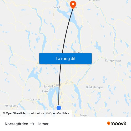 Korsegården to Hamar map